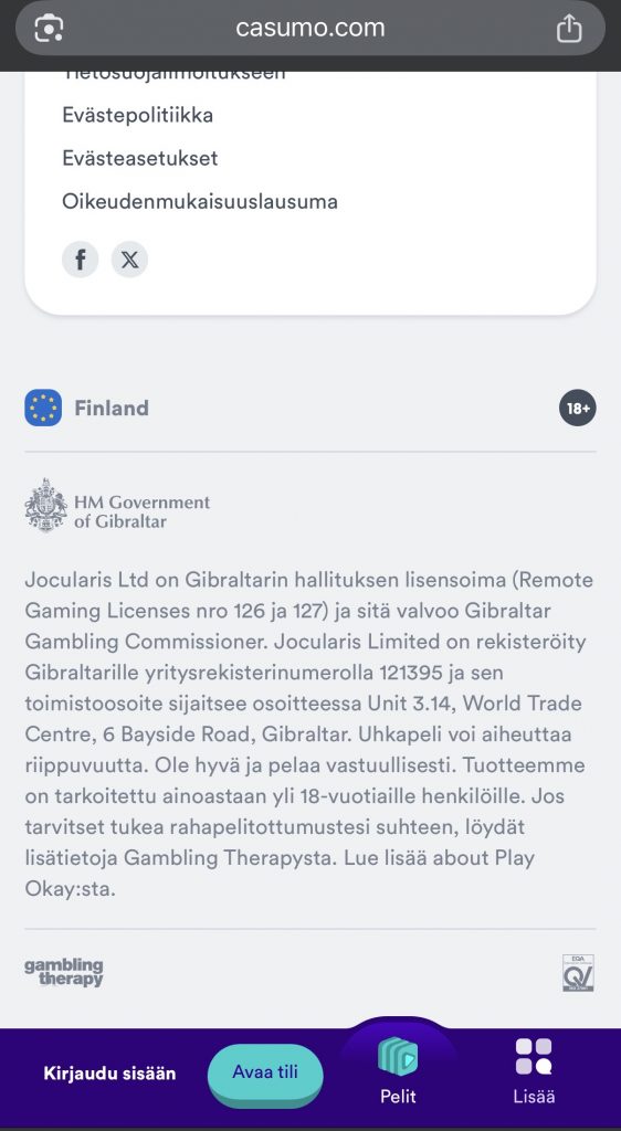 Gibraltarin toimiluvan alla toimiva nettikasino ilman Suomen lisenssiä